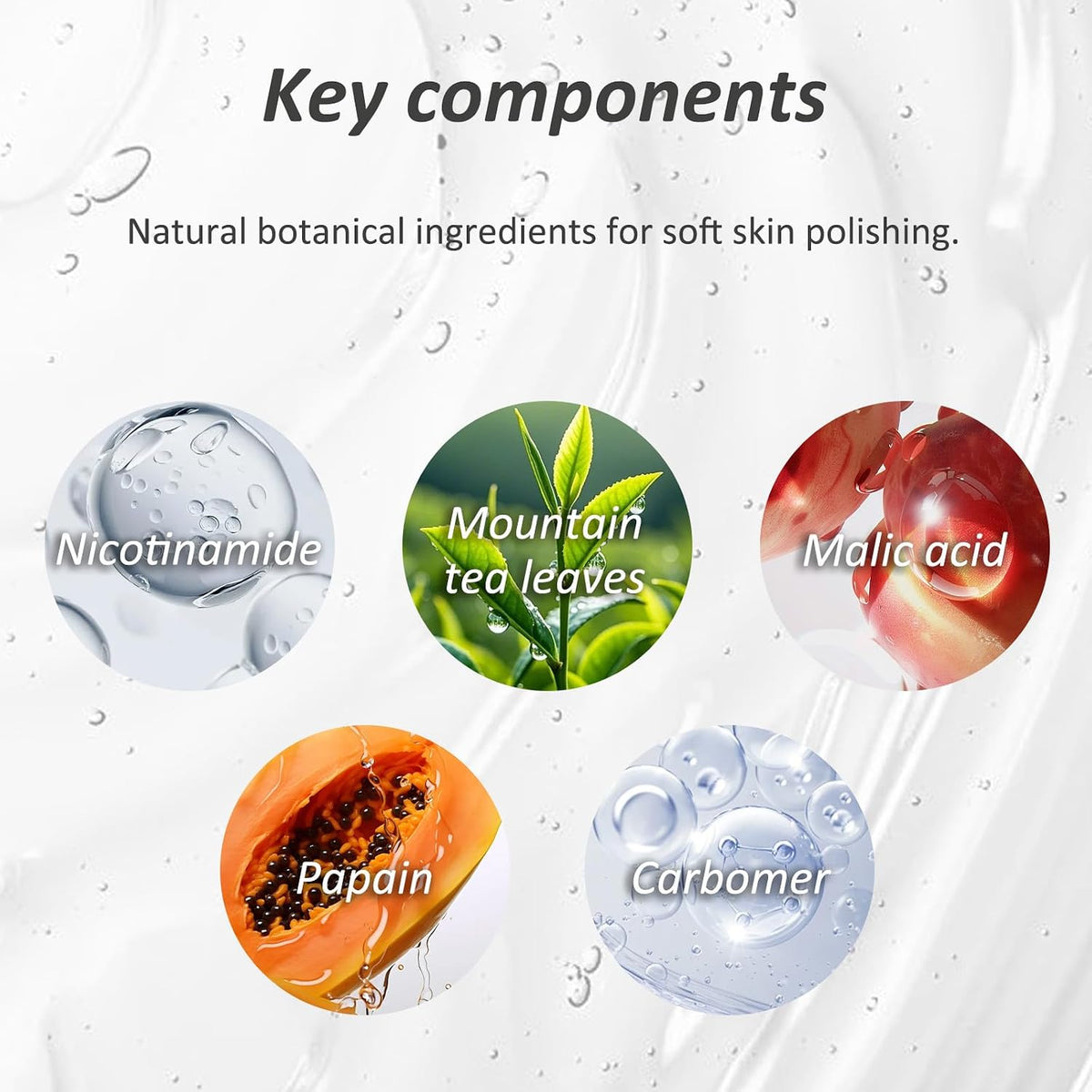 Key components of the Browe exfoliating gel — natural botanical ingredients for soft skin polishing