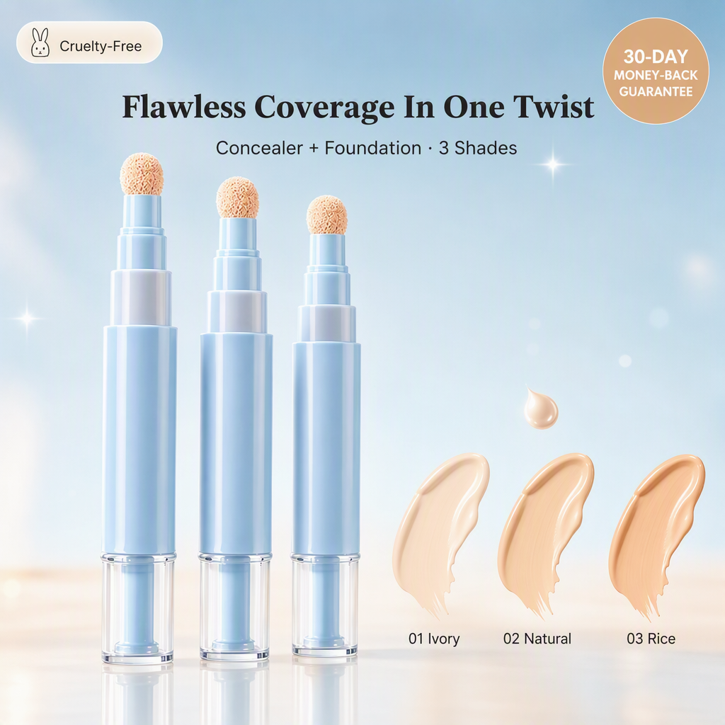 Browe Dual-Action Concealer Pen in three shades — 01 Ivory, 02 Natural and 03 Rice with swatches