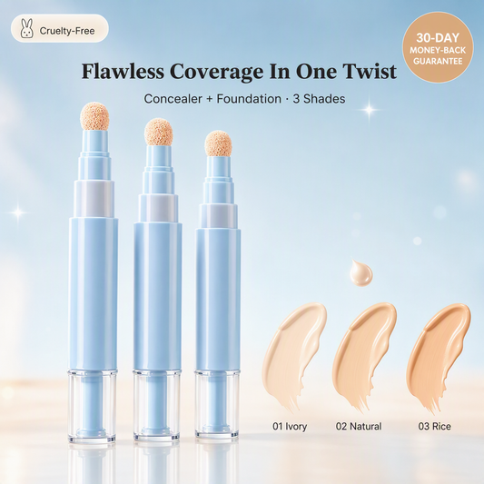 Browe Dual-Action Concealer Pen in three shades — 01 Ivory, 02 Natural and 03 Rice with swatches