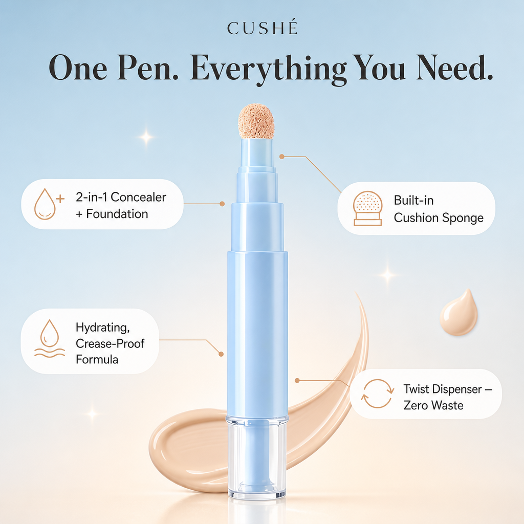 Browe concealer pen features — 2-in-1 concealer + foundation, built-in cushion sponge, hydrating crease-proof formula, twist dispenser