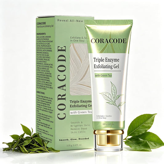 Browe Triple Enzyme Exfoliating Gel tube and box with green tea leaves