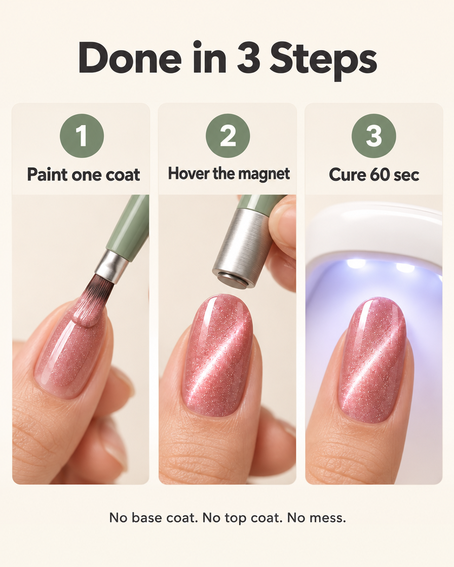 How to use the Gleamé cat-eye pen in 3 steps — paint, hover the magnet, cure 60 seconds