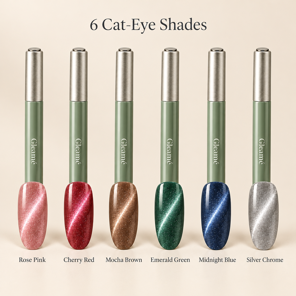 6 cat-eye shades — Rose Pink, Cherry Red, Mocha Brown, Emerald Green, Midnight Blue, Silver Chrome