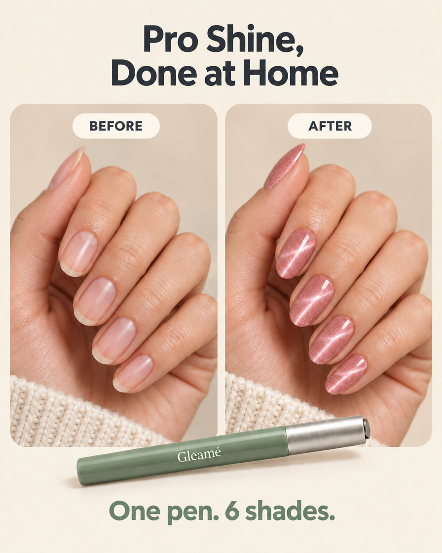 Before and after — bare nails vs rose pink cat-eye gel manicure with the Gleamé pen