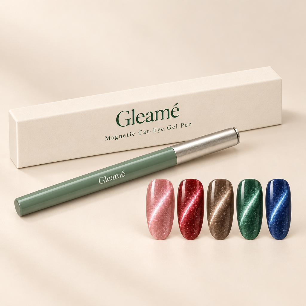 Gleamé cat-eye pen with retail box and shade swatches