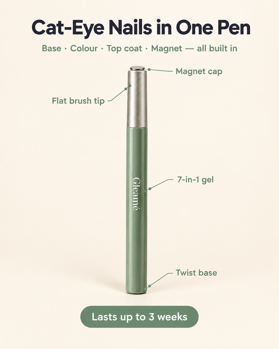 Gleamé magnetic cat-eye nail pen — magnet cap, flat brush tip, twist base, 7-in-1 gel