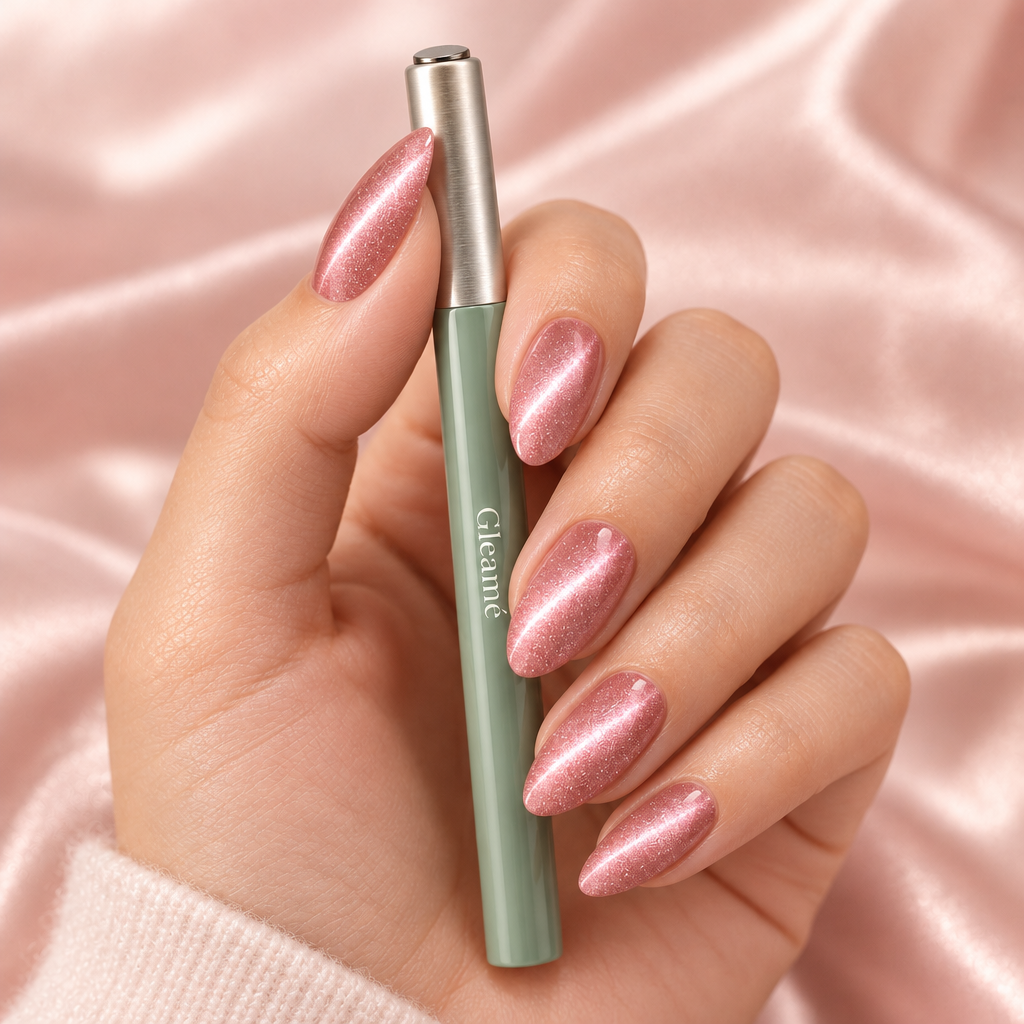 Rose pink cat-eye gel manicure done with the Gleamé pen