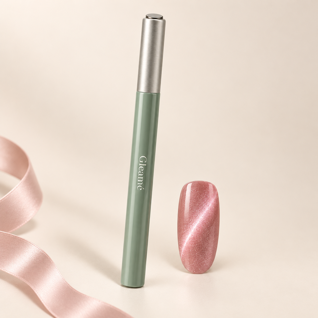 Gleamé 7-in-1 Magnetic Cat-Eye Nail Pen with rose pink cat-eye nail swatch