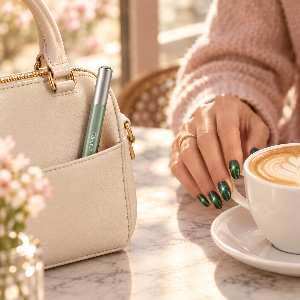 Gleamé pen in a handbag pocket — gel manicure on the go
