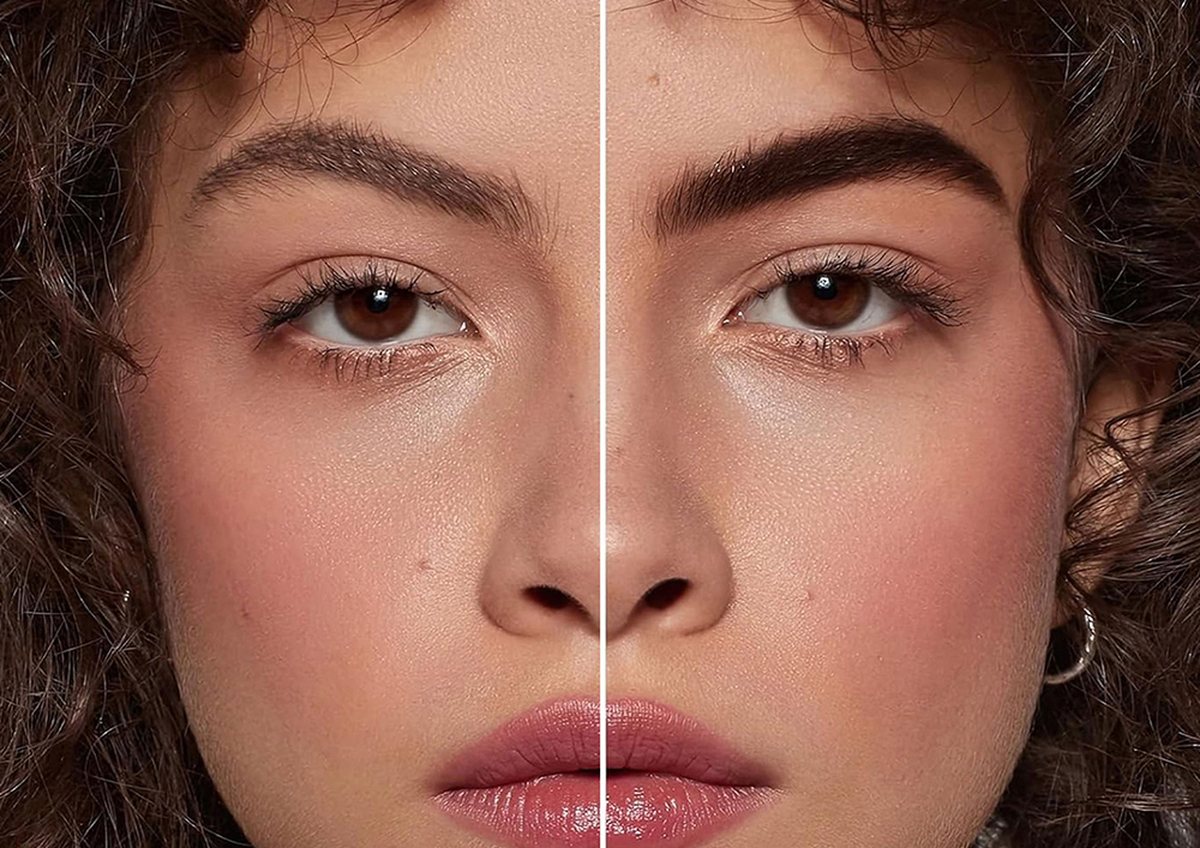 Side-by-side of the same brows before and after using Browe — sparse and unshaped on the left, defined and tinted on the right